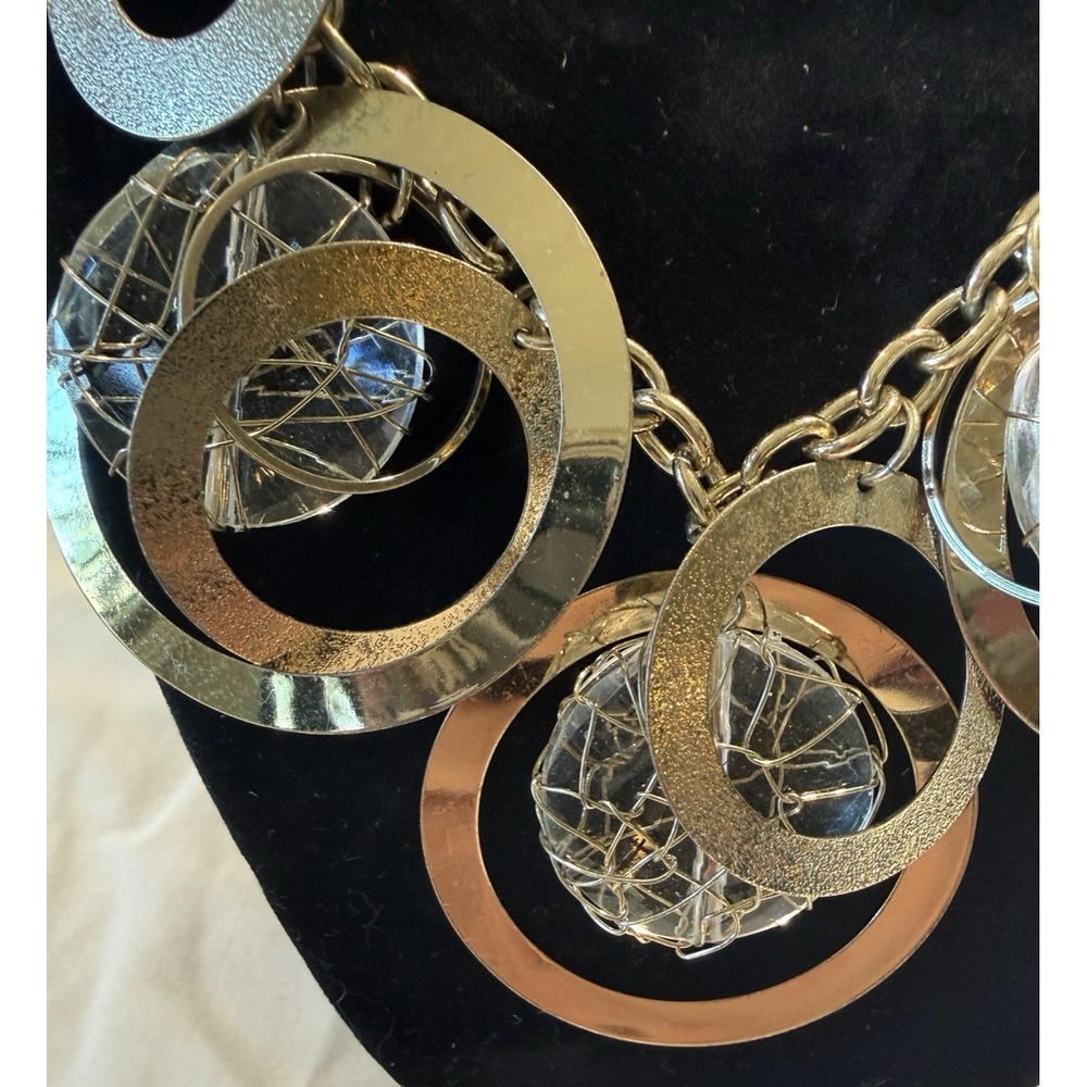 Artsy Mixed Metal Statement Necklace Geometric Circles Clear Beads Modern Boho - Picture 3 of 7